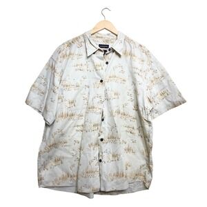 Woolrich Mens Short Sleeve Duck Marsh Print Button Down Shirt Tan Cream Large